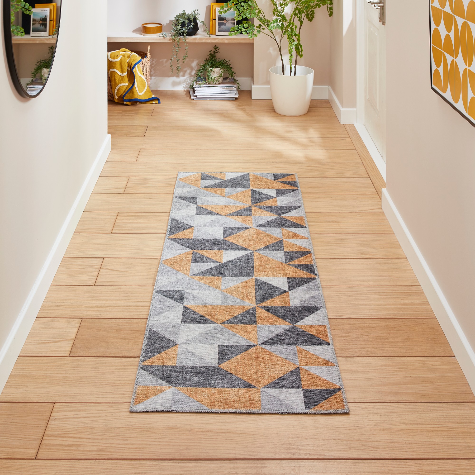 Coral H1057 Modern Washable Geometric Runner Rugs In Yellow Grey